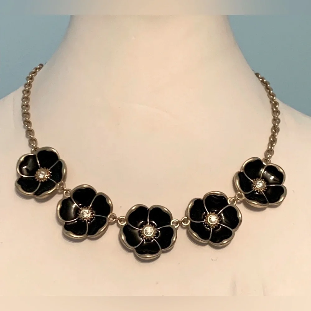 Black Floral Statement Necklace with Gold Accents